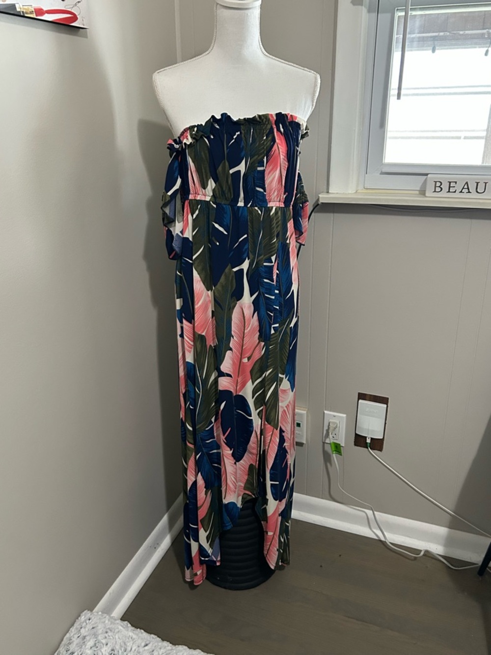 Tropical Strapless Maxi Dress in Navy, Pink & Green